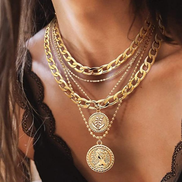 Gold Layered Necklaces for Women Trendy Retro Coin Pendant Gold Necklace Dainty - Picture 1 of 5